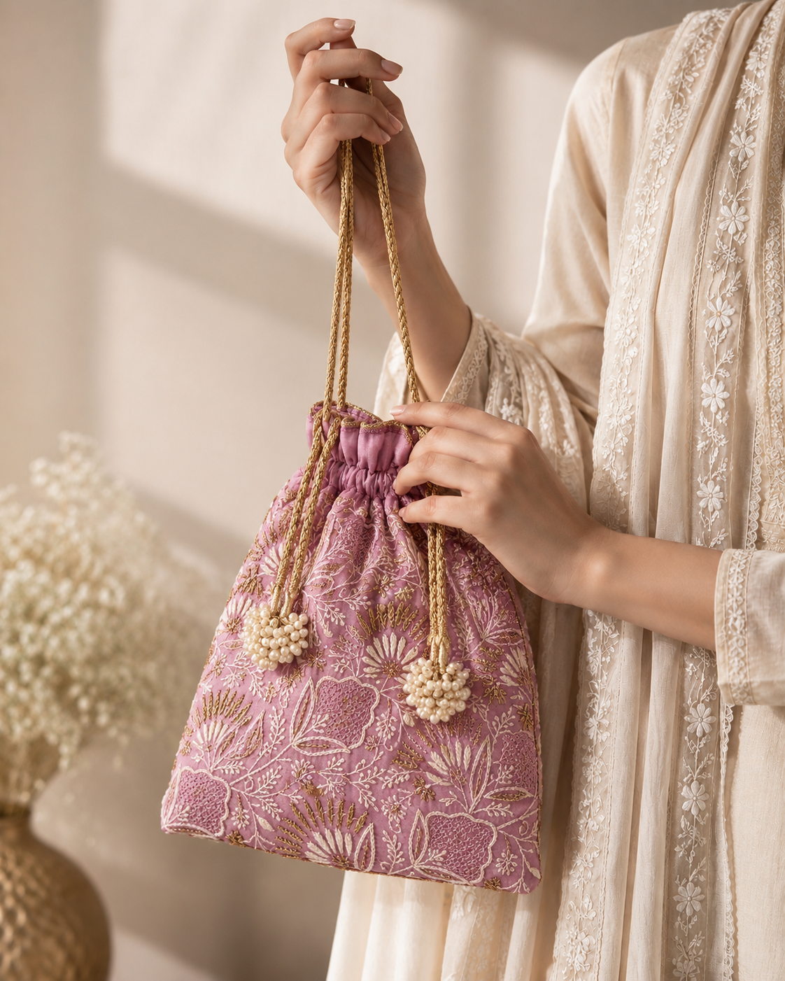 Plum Jaali motif Chikankari Potli - Image 1