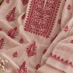 Creamish white with red motifs chanderi Chikankari kurta dupatta & pants set - Image 2