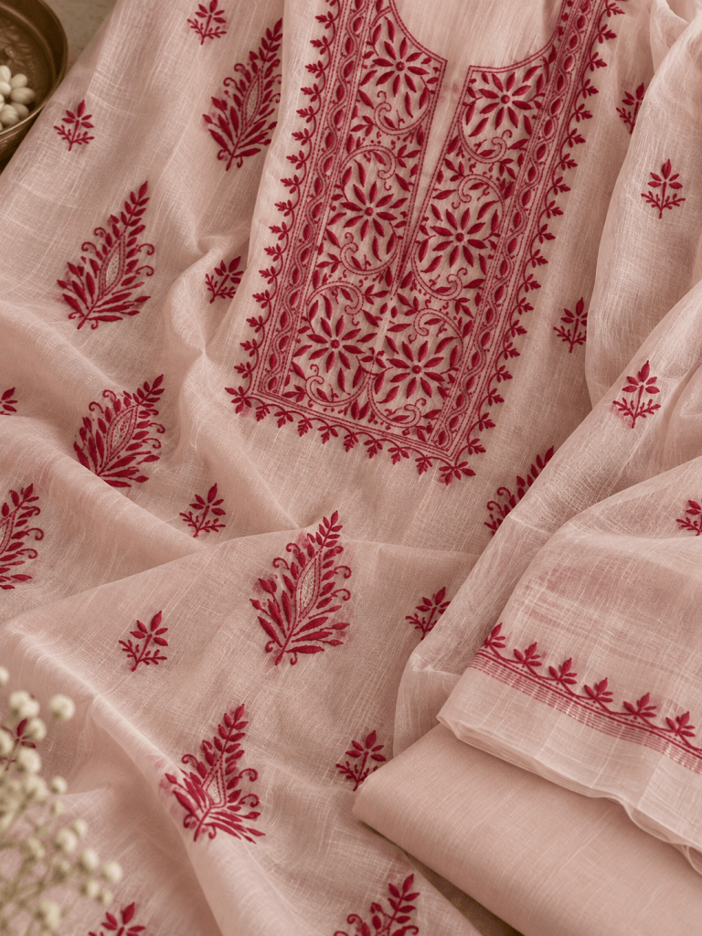 Creamish white with red motifs chanderi Chikankari kurta dupatta & pants set