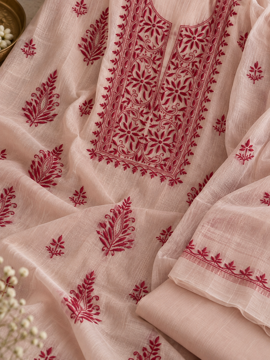 Creamish white with red motifs chanderi Chikankari kurta dupatta & pants set - Image 2
