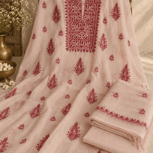 Creamish white with red motifs chanderi Chikankari kurta dupatta & pants set