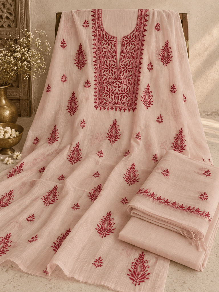 Creamish white with red motifs chanderi Chikankari kurta dupatta & pants set