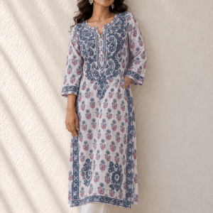 Cottony blue floral mulmul Chikankari kurti - Image 3