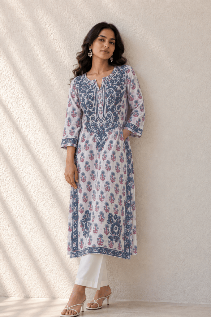 Cottony blue floral mulmul Chikankari kurti