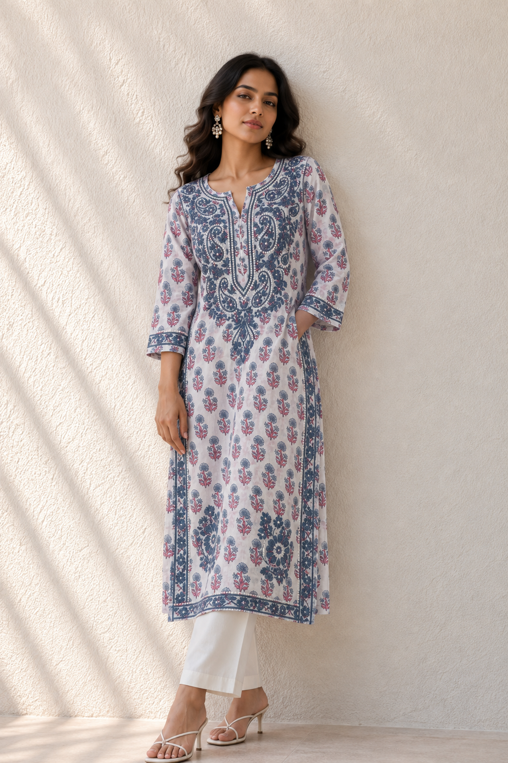 Cottony blue floral mulmul Chikankari kurti - Image 3