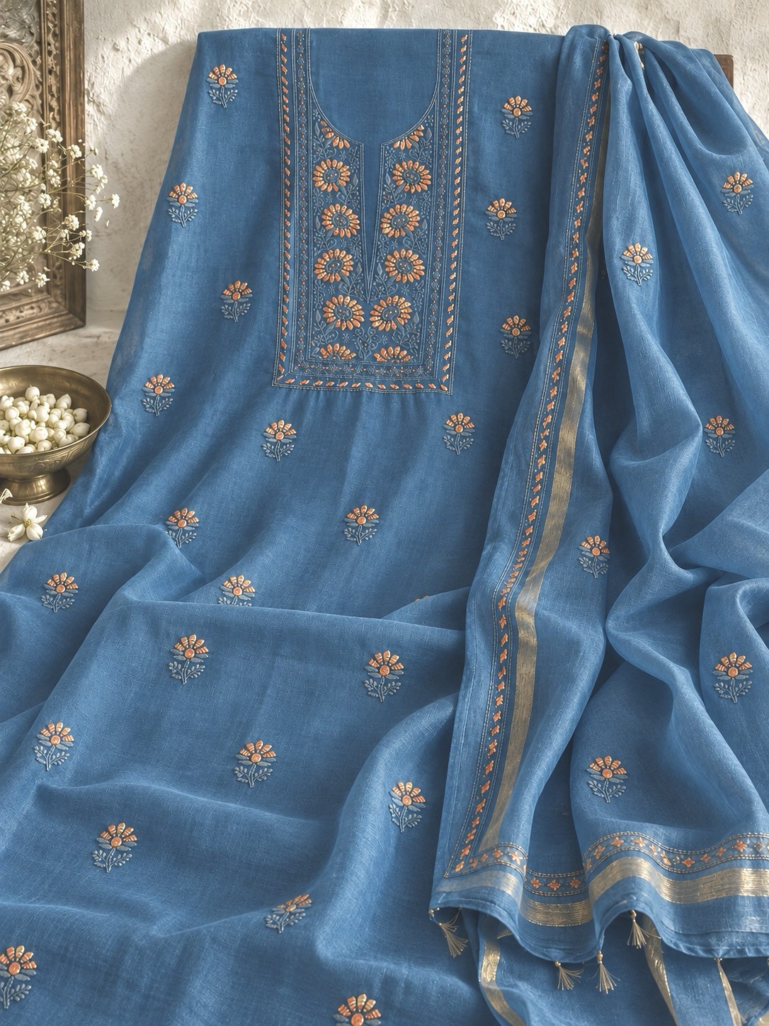 Azure blue Chanderi Chikankari kurta dupatta set with mukaish work - Image 1