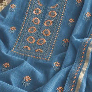 Azure blue Chanderi Chikankari kurta dupatta set with mukaish work - Image 2