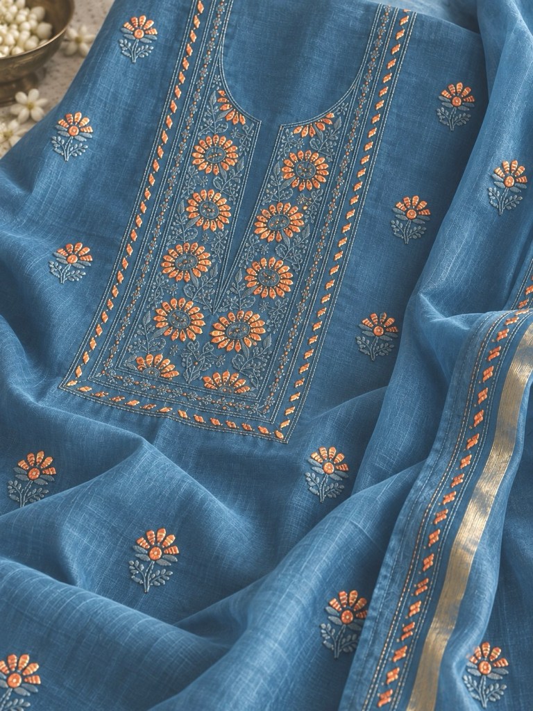 Azure blue Chanderi Chikankari kurta dupatta set with mukaish work