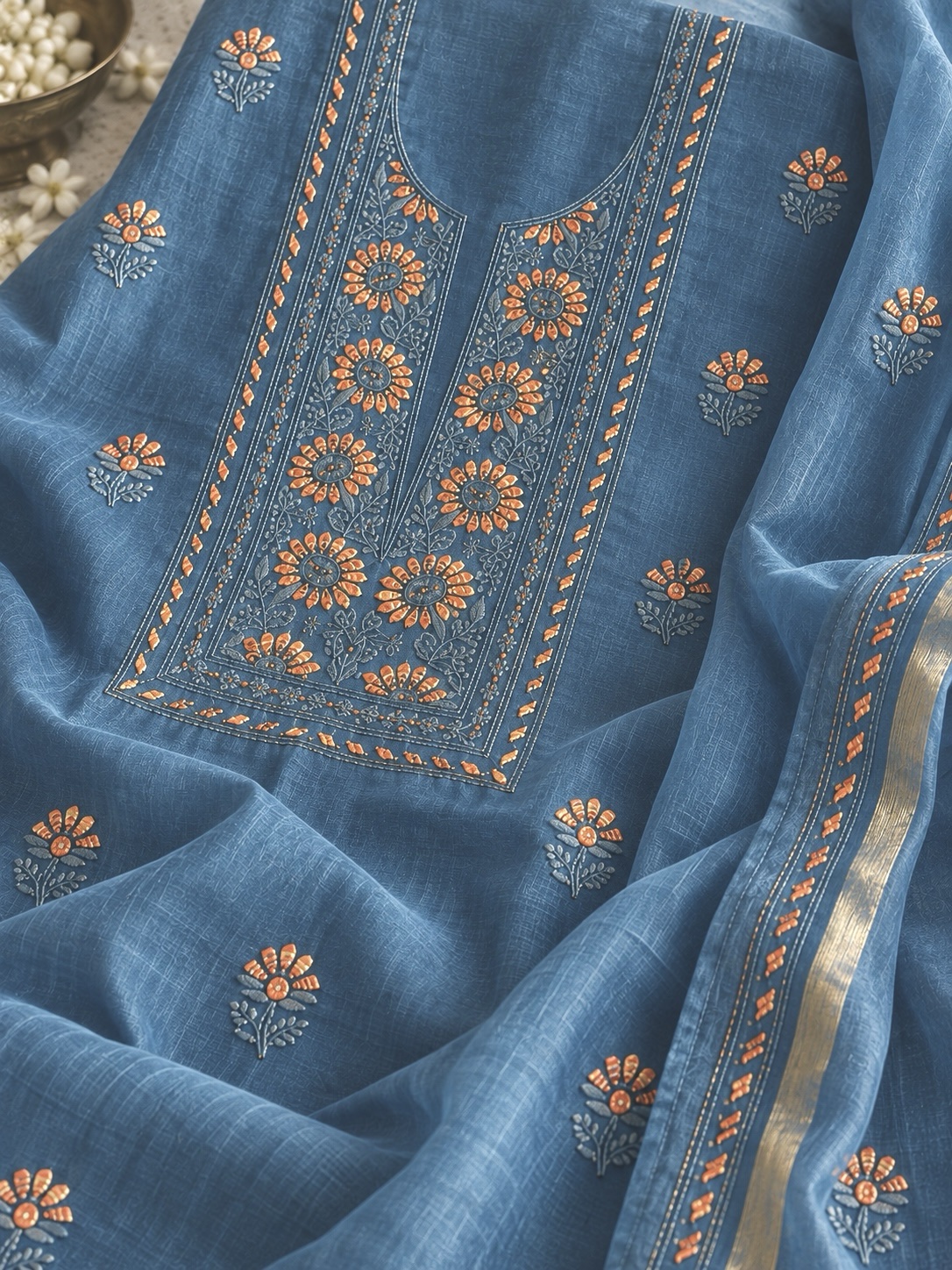 Azure blue Chanderi Chikankari kurta dupatta set with mukaish work - Image 2