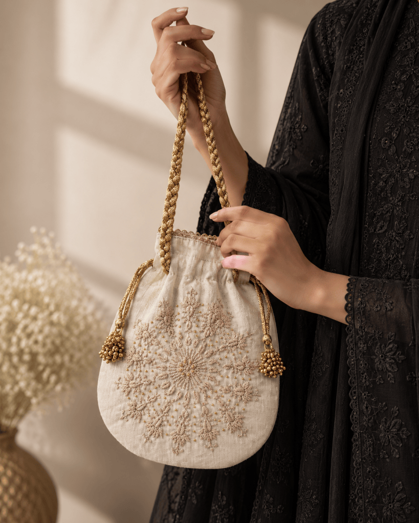 Photon white pure silk bead work Chikankari Potli