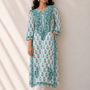 Cottony sea green floral chikankari kurti - Image 3