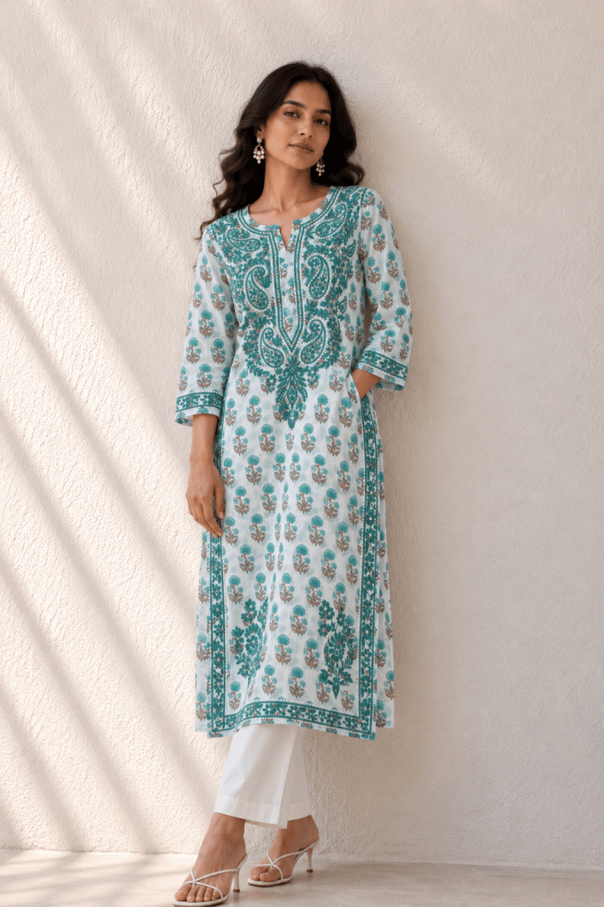 Cottony sea green floral chikankari kurti