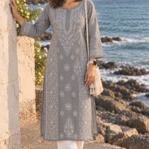 Gray cotton voil Chikankari kurti