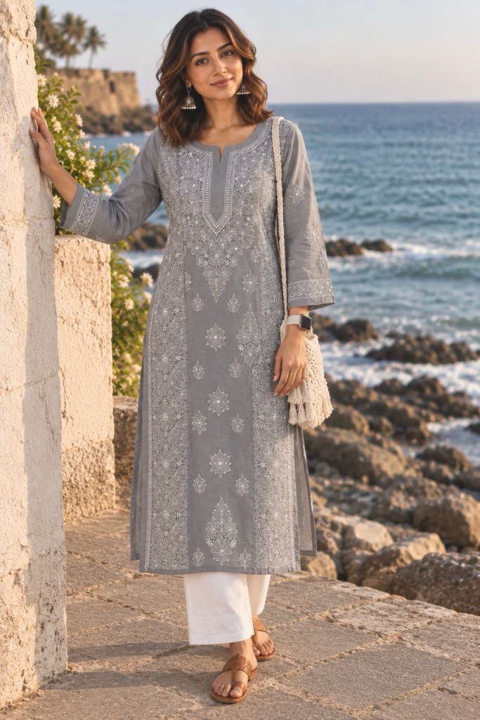 Gray cotton voil Chikankari kurti