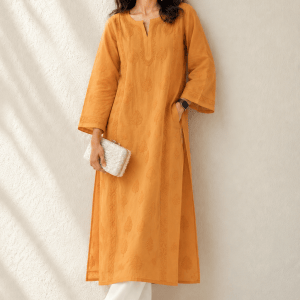 Tangerine mulmul Chikankari kurti