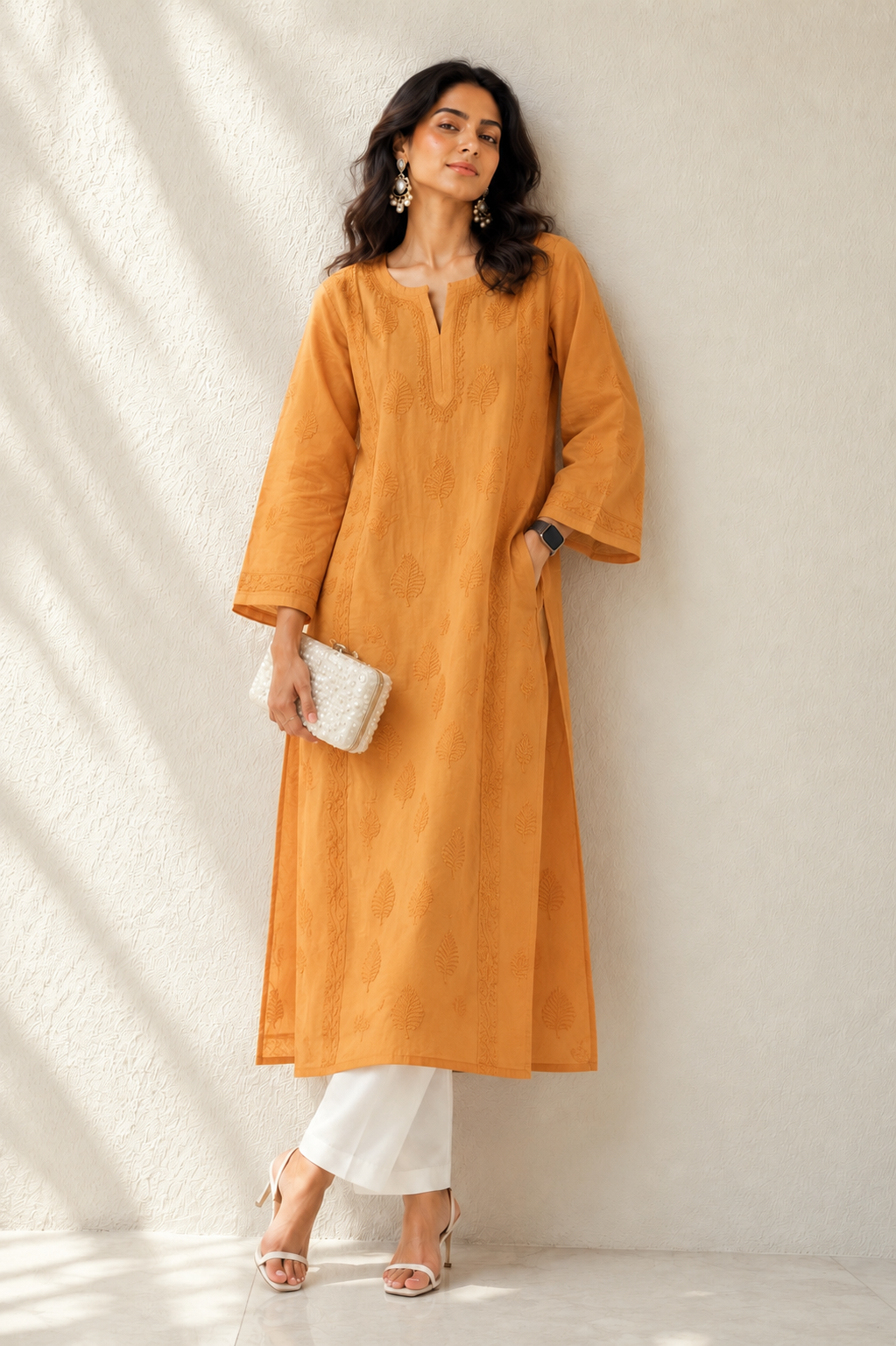 Tangerine mulmul Chikankari kurti - Image 1