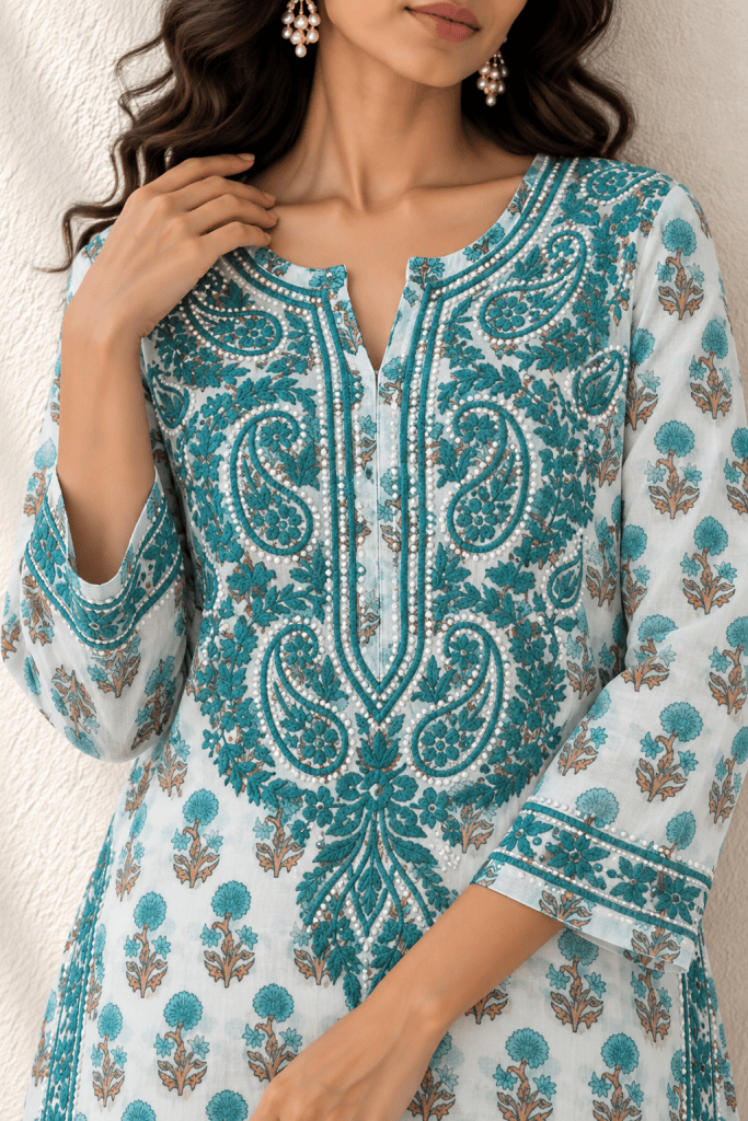 Cottony sea green floral chikankari kurti