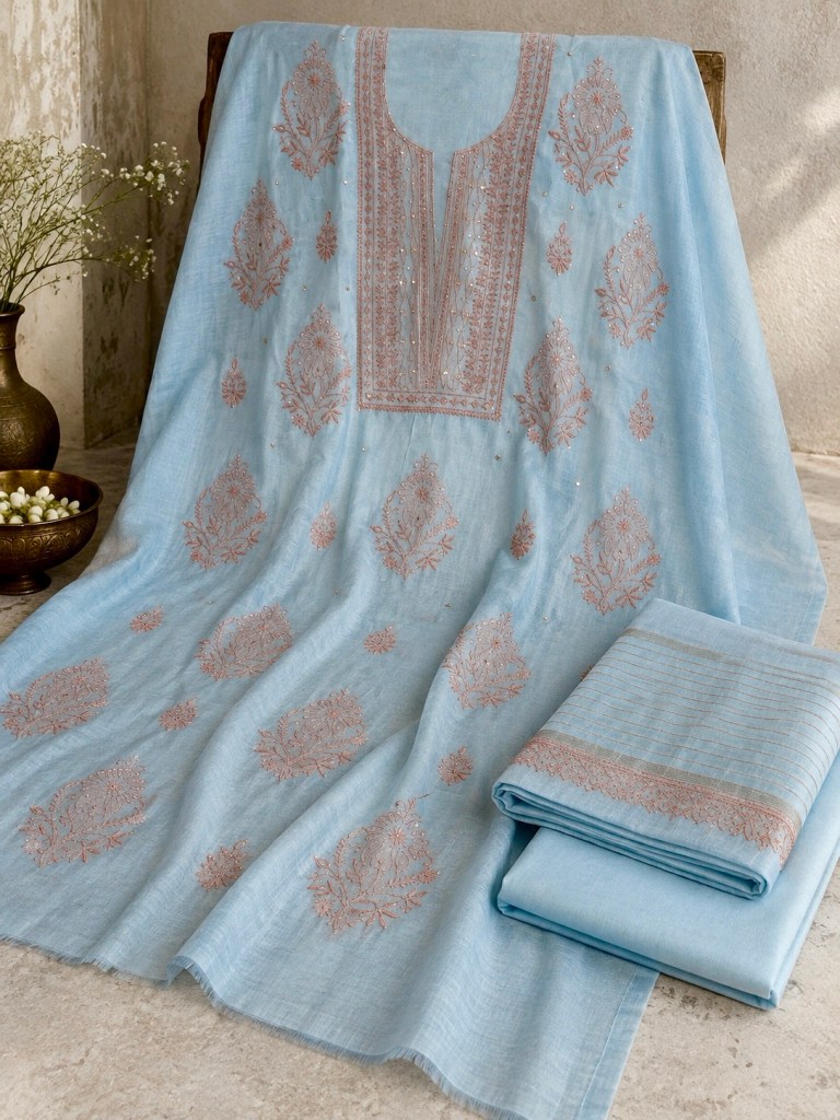 Cornflower blue Chanderi Chikankari 3 piece set. Kurta, Dupatta & Pant Fabric