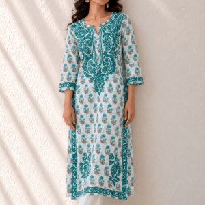 Cottony sea green floral chikankari kurti - Image 1