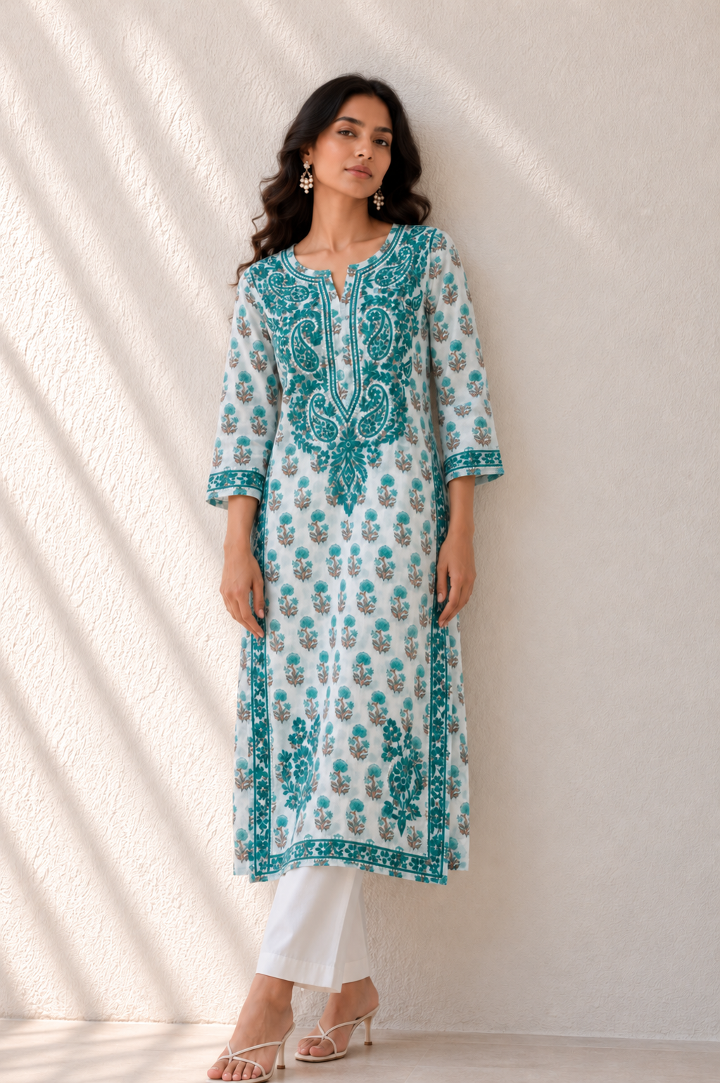 Cottony sea green floral chikankari kurti - Image 1