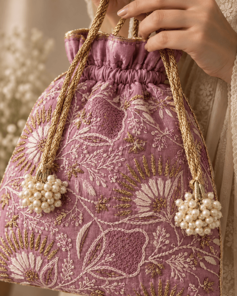 Plum Jaali motif Chikankari Potli