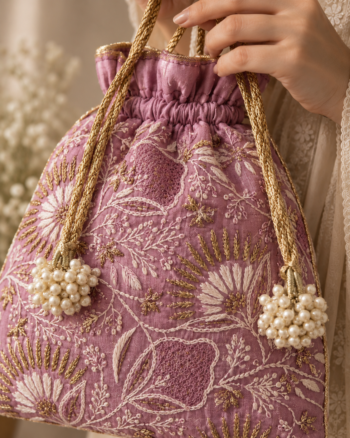 Plum Jaali motif Chikankari Potli - Image 2