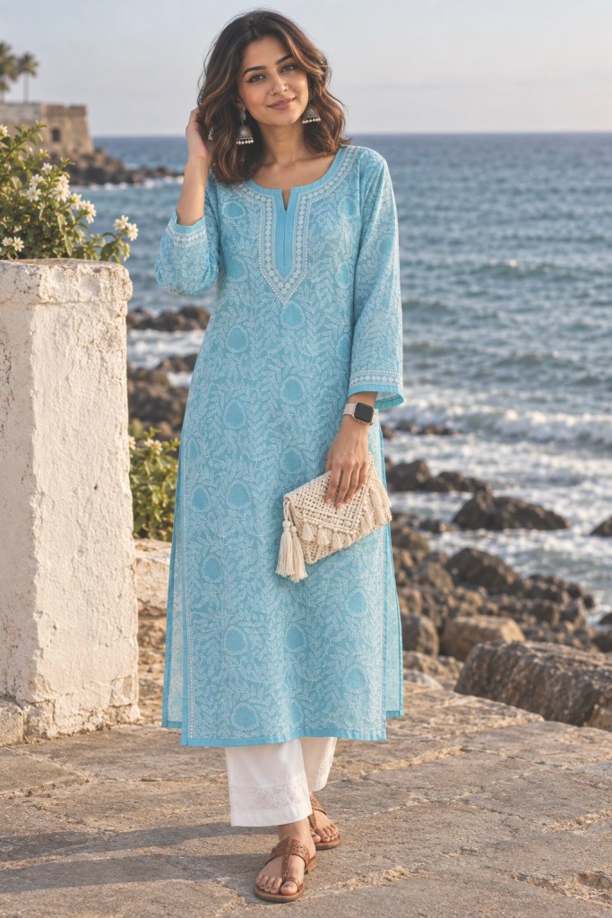 Ocean blue cotton voil Chikankari kurti with Jaali motifs