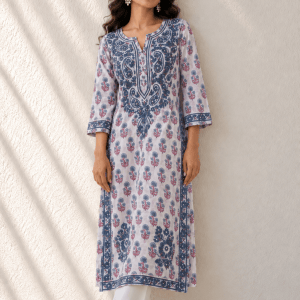 Cottony blue floral mulmul Chikankari kurti - Image 1