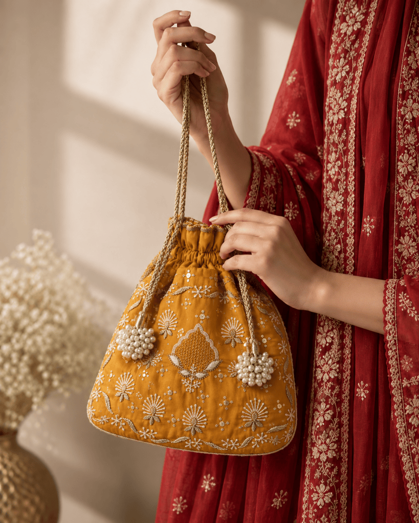 Tangerine Jaali motif pure silk Chikankari Potli