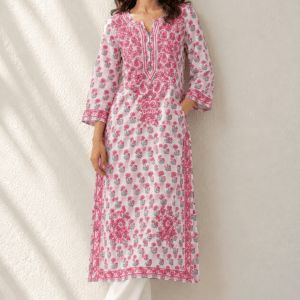 Cottony pink floral cotton mulmul Chikankari kurti - Image 3