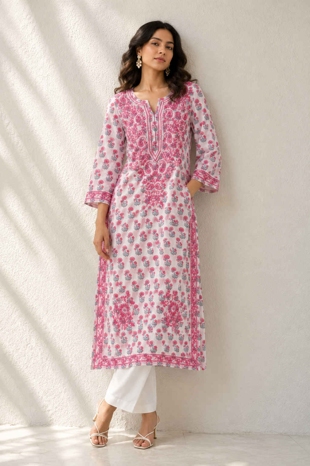 Cottony pink floral cotton mulmul Chikankari kurti - Image 3
