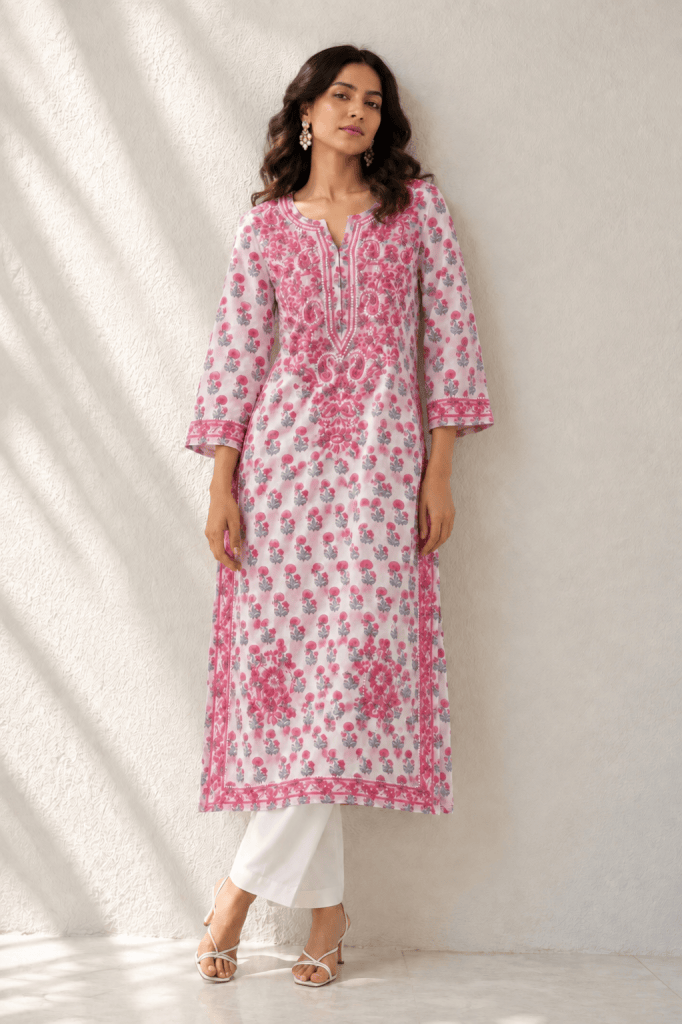 Cottony pink floral cotton mulmul Chikankari kurti